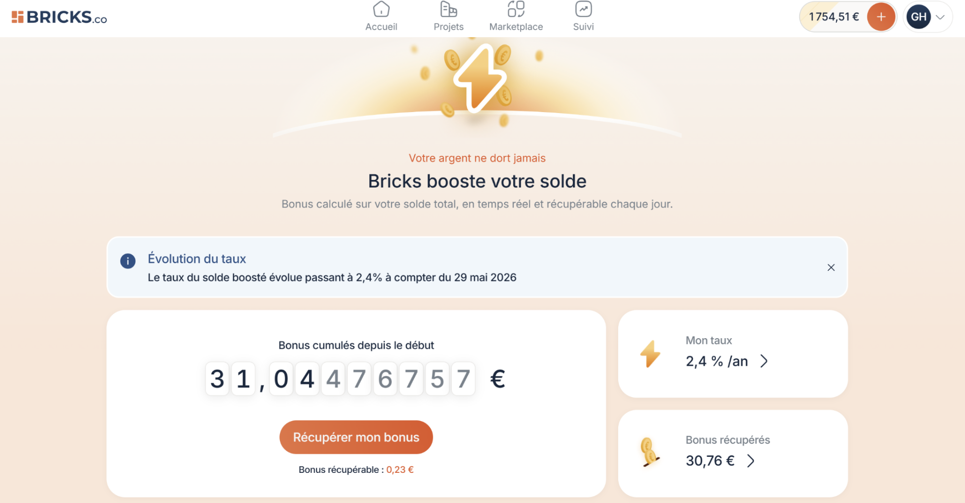 Bricks booste votre solde — fonctionnalité de rémunération du cash disponible sur le compte Bricks à 2,4 % par an