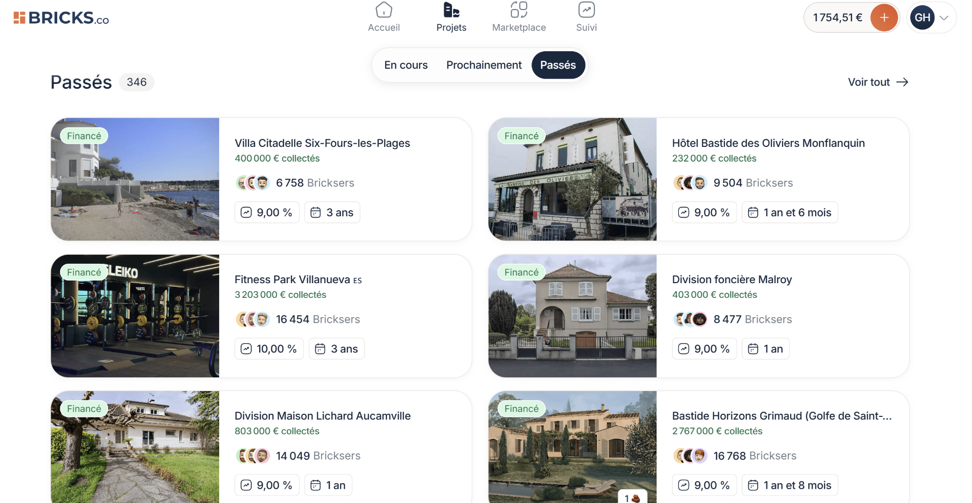 Bricks.co — interface des projets immobiliers passés financés sur la plateforme avec rendements et durées