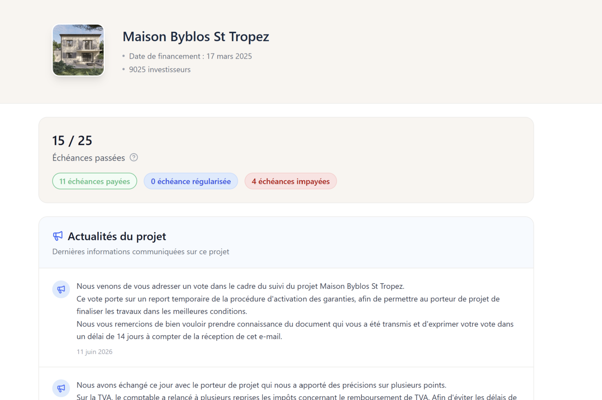 Bricks.co — page de suivi d'un projet obligataire avec échéances payées, échéances impayées et actualités du projet